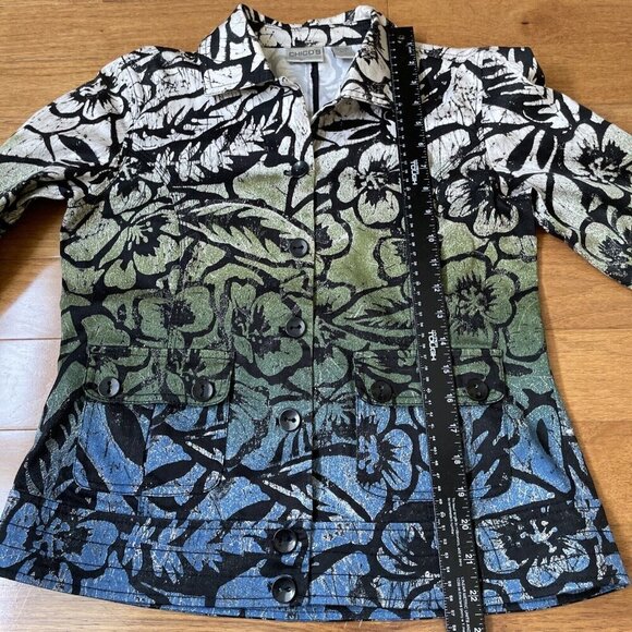 CHICO’S Women's Ombre Floral Jacket Sz S (0) Multicolor Stretch Denim Button Up - Picture 10 of 12